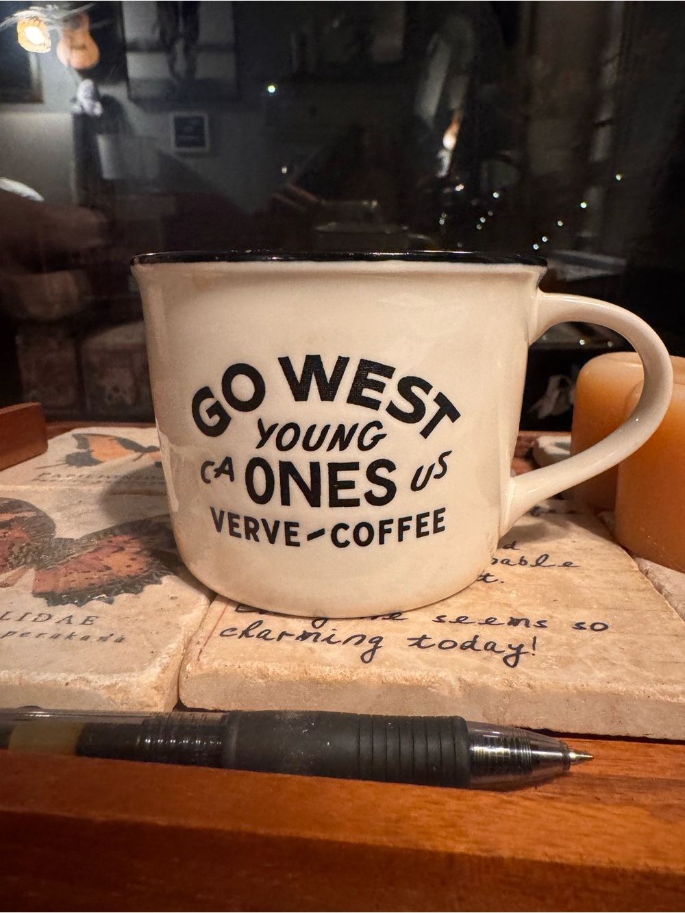 White 'Go West' Ceramic Coffee Mug with Black Lettering